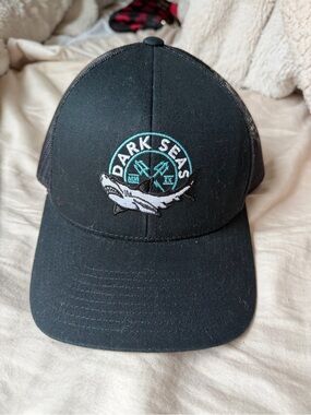 Dark Seas Black Meshback Trucker Hat with Shark Patch